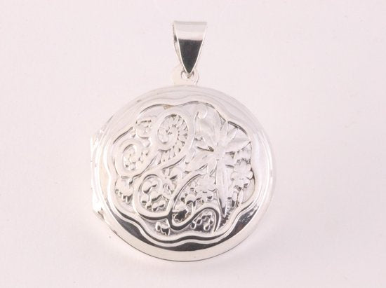 Rond bewerkt zilveren medaillon met bloemgravering afbeelding 4