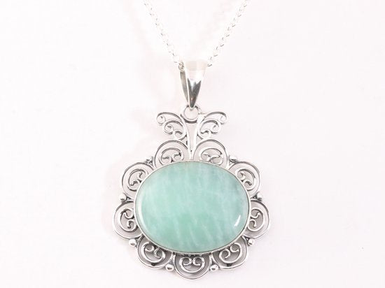 Grote opengewerkte zilveren hanger met amazoniet aan ketting afbeelding 4