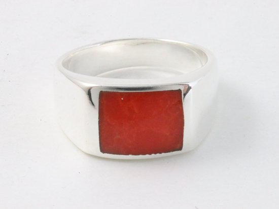 Zilveren zegelring met rode koraal steen afbeelding 4