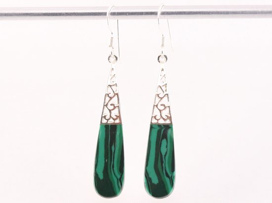 Lange opengewerkte zilveren oorbellen met malachiet afbeelding 4