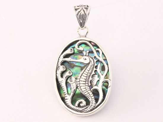 Ovale zilveren hanger met zeepaardje op abalone schelp afbeelding 4