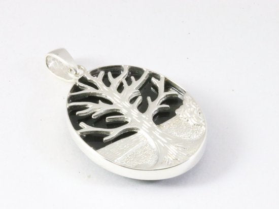 Ovale zilveren hanger met levensboom op onyx afbeelding 2