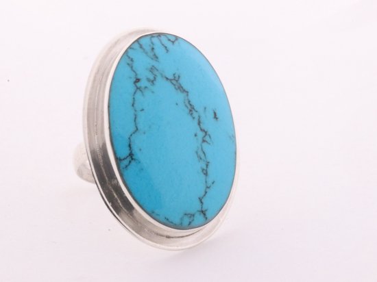 Grote ovale zilveren ring met blauwe turkoois afbeelding 1