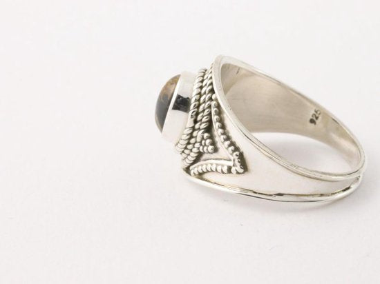 Bewerkte zilveren ring met zwarte koperturkoois afbeelding 4