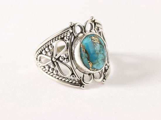 Opengewerkte zilveren ring met blauwe koperturkoois afbeelding 5