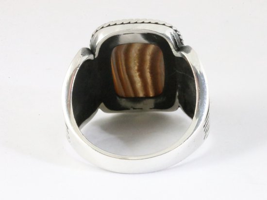 Zware bewerkte zilveren ring met bruine koffie agaat afbeelding 3