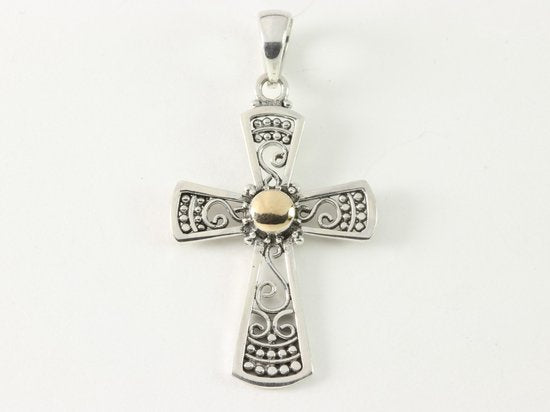 Opengewerkte zilveren kruishanger met 18k gouden decoratie afbeelding 1