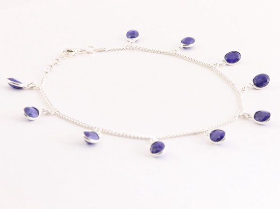 Fijne zilveren enkelband met blauwe saffier afbeelding 2