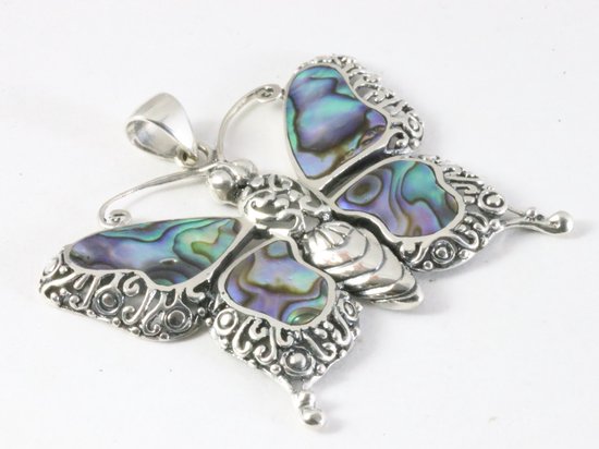 Grote zilveren vlinder hanger met abalone schelp afbeelding 2