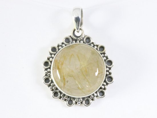 Ronde bewerkte zilveren hanger met gouden rutielkwarts afbeelding 4