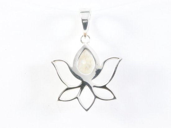 Opengewerkte zilveren lotus bloem hanger met regenboog maansteen afbeelding 3