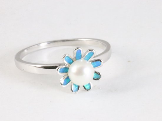 Fijne hoogglans zilveren ring met zoetwater parel en Australische opaal afbeelding 1