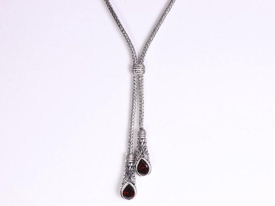 Traditionele bewerkte zilveren vossenstaart ketting met granaat afbeelding 1