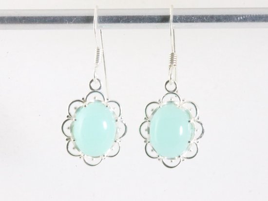 Fijne opengewerkte zilveren oorbellen met aqua chalcedoon afbeelding 3