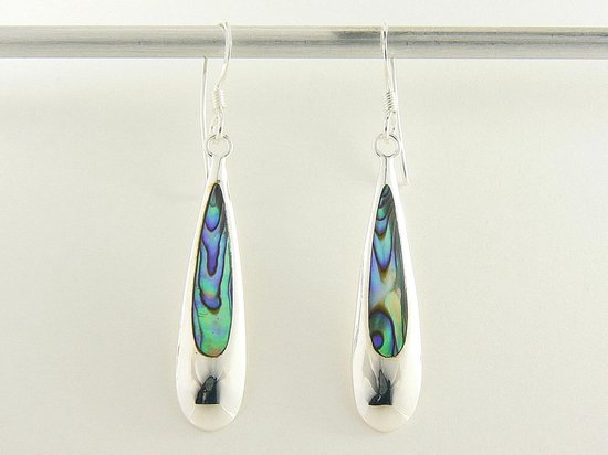 Lange druppelvormige zilveren oorbellen met abalone schelp afbeelding 3