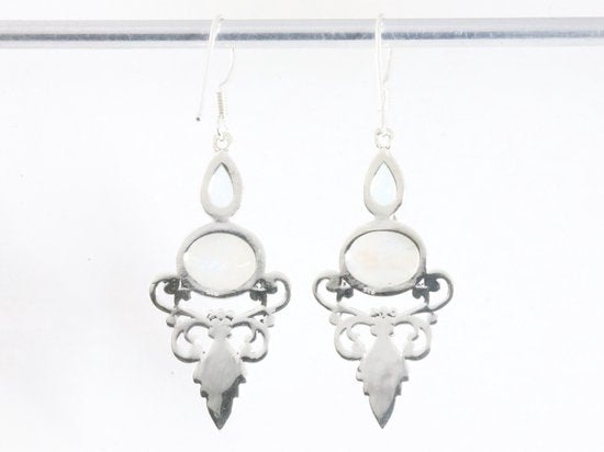 Lange zilveren oorbellen met regenboog maansteen en blauwe topaas afbeelding 3