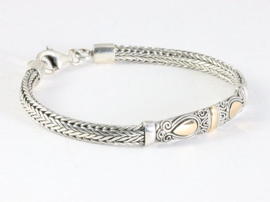 Traditionele zware zilveren snake armband met 18k gouden decoraties afbeelding 2