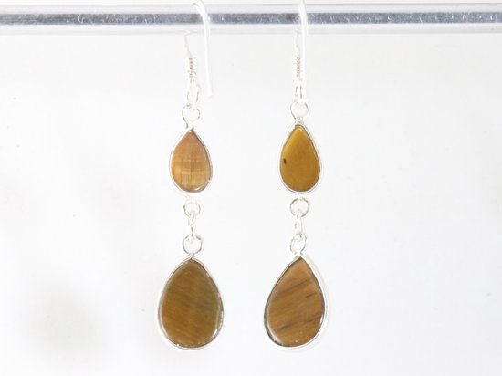 Fijne lange zilveren oorbellen met tijgeroog afbeelding 3