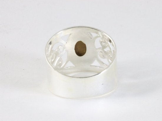 Brede opengewerkte zilveren ring met tijgeroog afbeelding 3