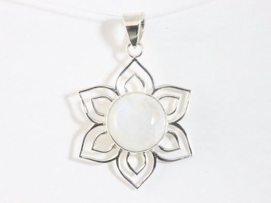 Opengewerkte bloemvormige zilveren hanger met regenboog maansteen afbeelding 4