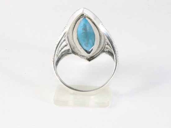 Langwerpige zilveren ring met blauwe turkoois en marcasiet afbeelding 3