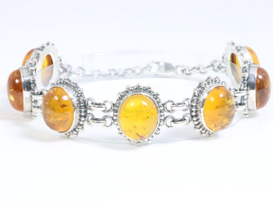 Zware bewerkte zilveren armband met amber afbeelding 3