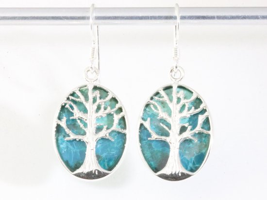 Zilveren oorbellen met levensboom op chrysocolla afbeelding 4