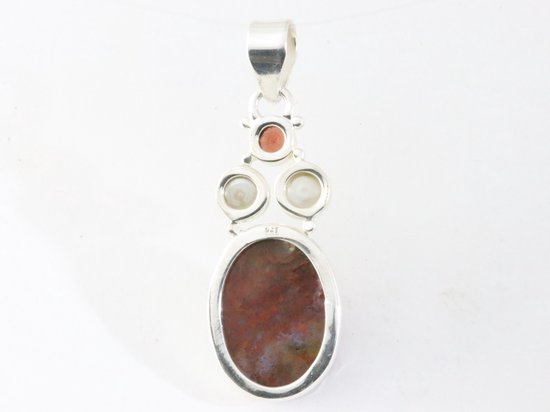 Zilveren hanger met Marokkaanse sesam agaat, granaat en parel afbeelding 3