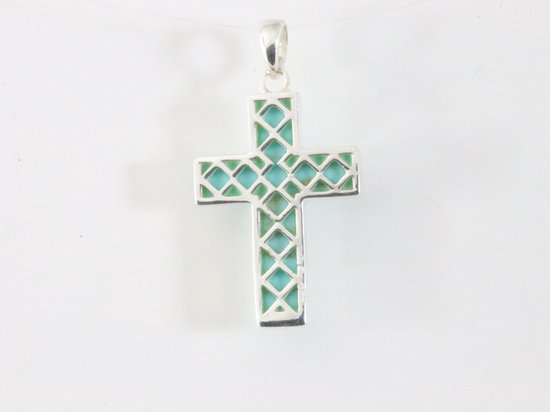 Fijne zilveren kruishanger met groene turkoois afbeelding 3