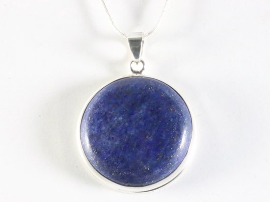Ronde hoogglans zilveren hanger met lapis lazuli aan ketting afbeelding 4