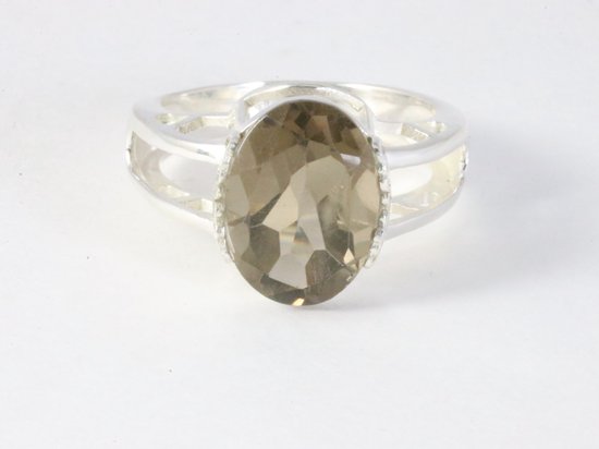 Opengewerkte hoogglans zilveren ring met rookkwarts afbeelding 4