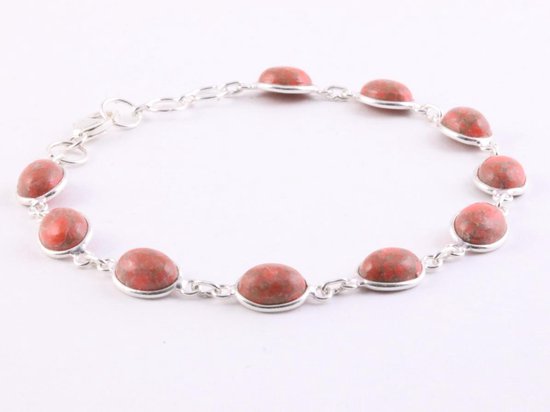 Fijne zilveren schakelarmband met rode koperturkoois afbeelding 2