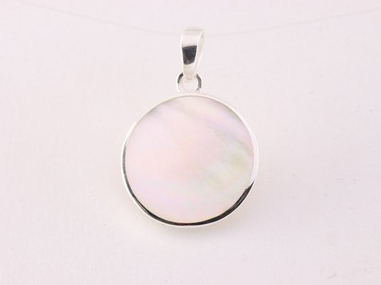 Fijne ronde zilveren hanger met levensboom op parelmoer afbeelding 3