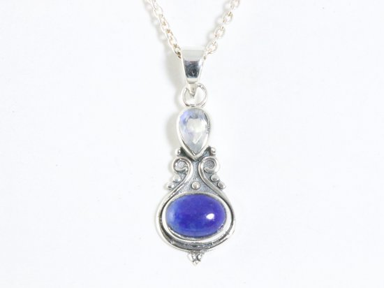Fijne bewerkte zilveren hanger met lapis lazuli en maansteen aan ketting afbeelding 3