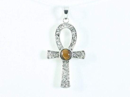 Bewerkte zilveren ankh hanger met tijgeroog afbeelding 3