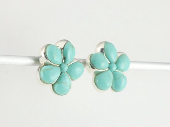 Bloemvormige zilveren oorstekers met groene turkoois afbeelding 2