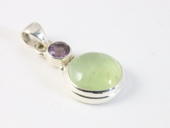 Zilveren hanger met prehniet en amethist aan ketting afbeelding 2