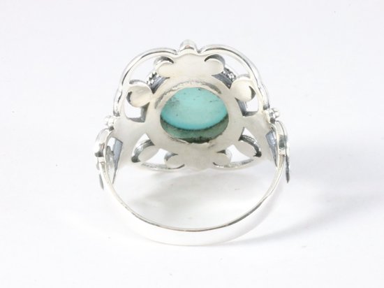 Opengewerkte zilveren ring met aqua chalcedoon afbeelding 3
