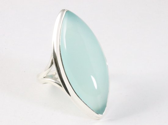 Langwerpige hoogglans zilveren ring met aqua chalcedoon afbeelding 1