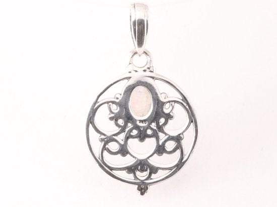 Ronde opengewerkte zilveren hanger met regenboog maansteen afbeelding 3