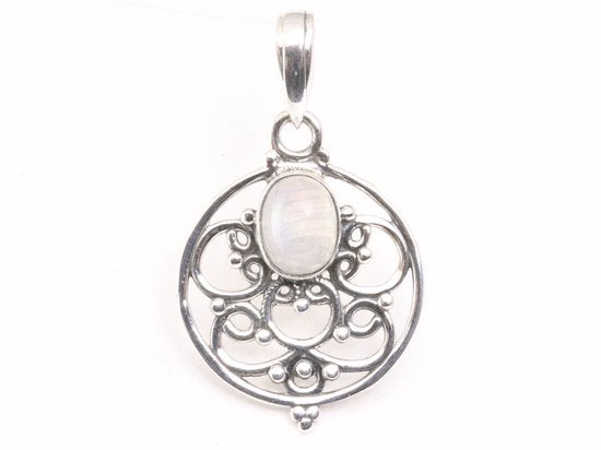 Ronde opengewerkte zilveren hanger met regenboog maansteen afbeelding 1