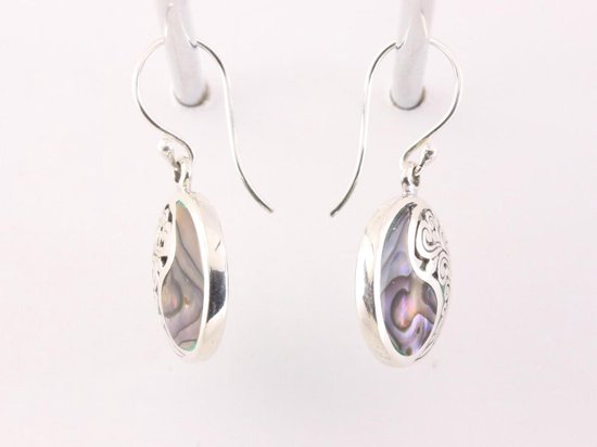 Ronde opengewerkte zilveren oorbellen met abalone schelp afbeelding 2