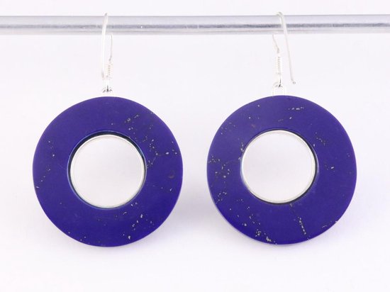 Grote ronde bewerkte zilveren oorbellen met lapis lazuli afbeelding 3