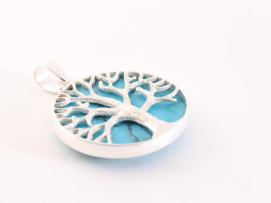 Ronde zilveren hanger met levensboom op blauwe turkoois afbeelding 2