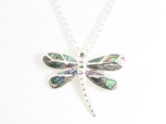 Zilveren libelle hanger met abalone schelp aan ketting afbeelding 1