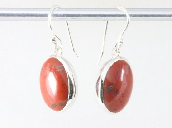 Ovale hoogglans zilveren oorbellen met rode jaspis afbeelding 2