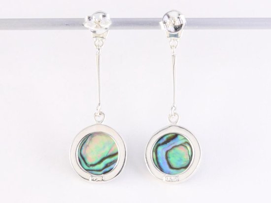 Lange ronde zilveren oorstekers met abalone schelp afbeelding 3