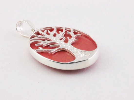 Ovale zilveren hanger met levensboom op rode koraal steen afbeelding 3