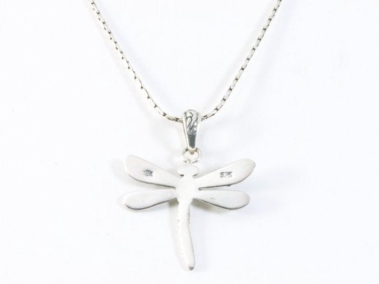 Fijne zilveren libelle hanger met 18k gouden decoraties aan ketting afbeelding 3