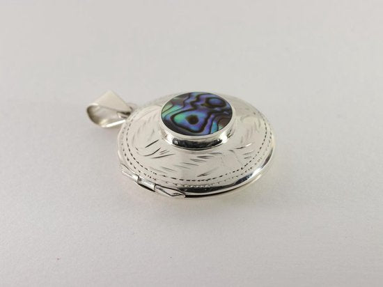Rond bewerkt zilveren medaillon met abalone schelp afbeelding 2